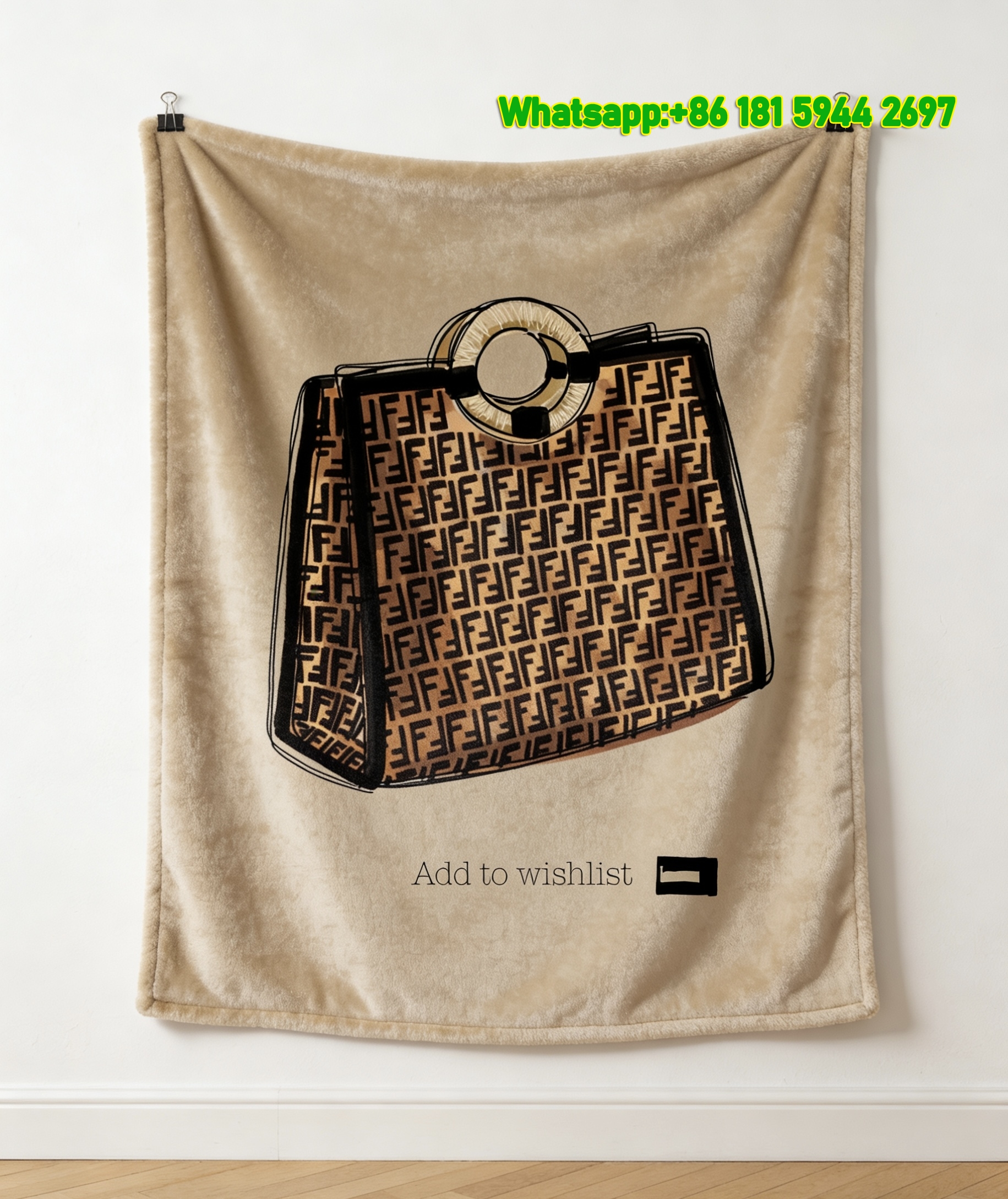Fendi FF Monogram Handbag Sketch Flannel Throw Blanket IMG_9614